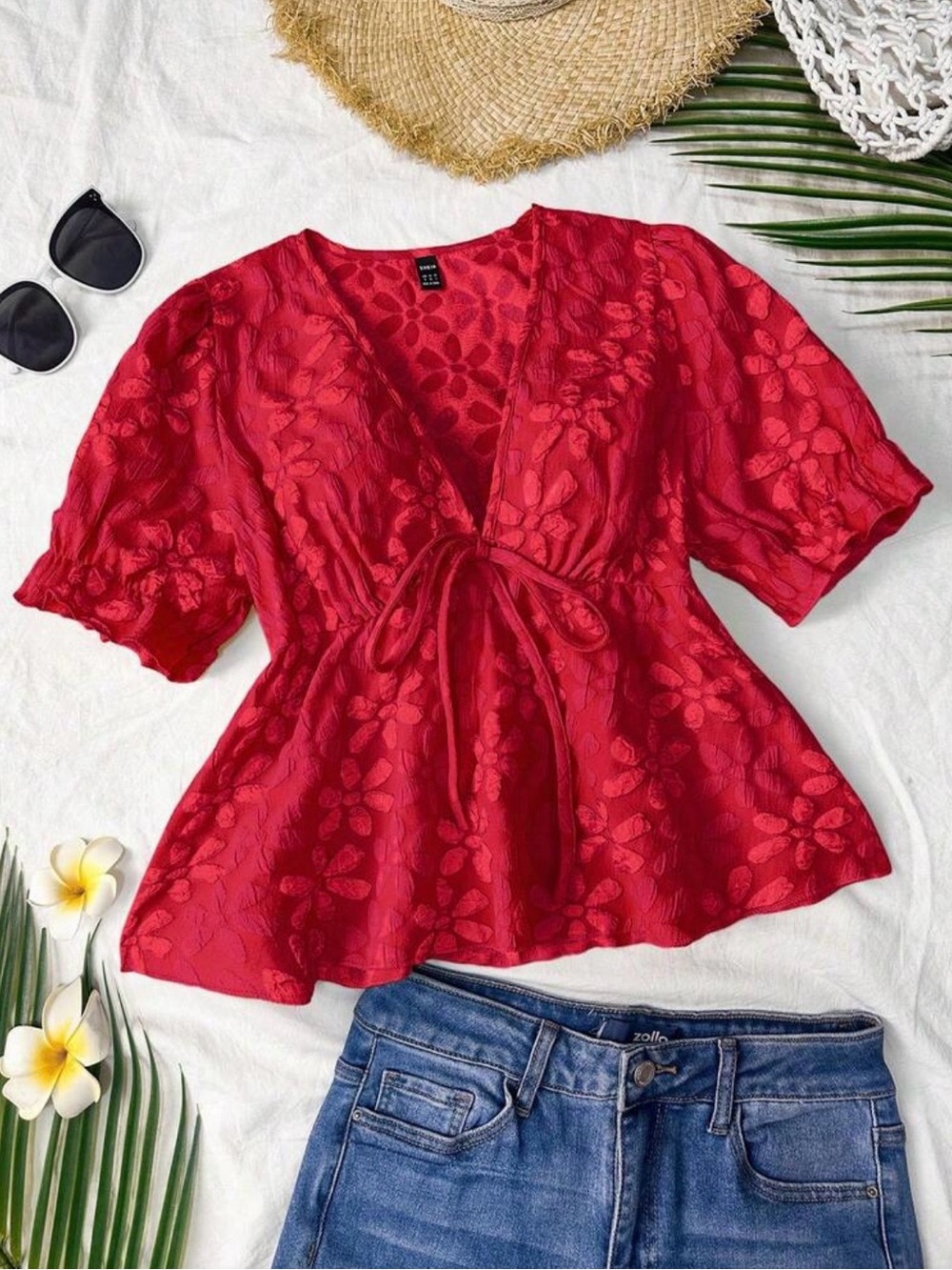 Women’s Red Floral Tie-Front Top